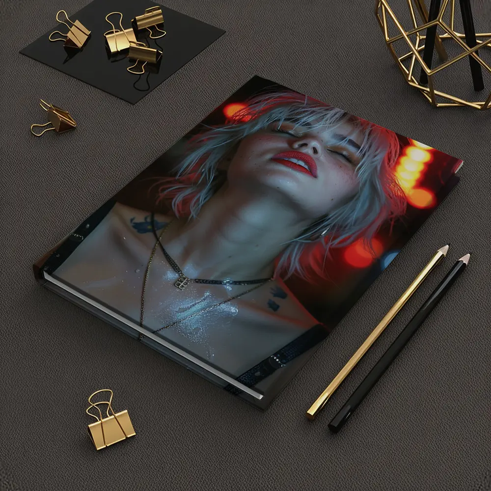 Blonde Woman Red Neon Lights Dark Background – Notebooks