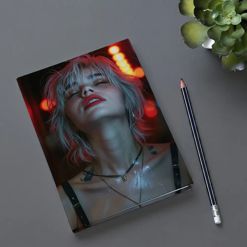 Blonde Woman Red Neon Lights Dark Background – Notebooks