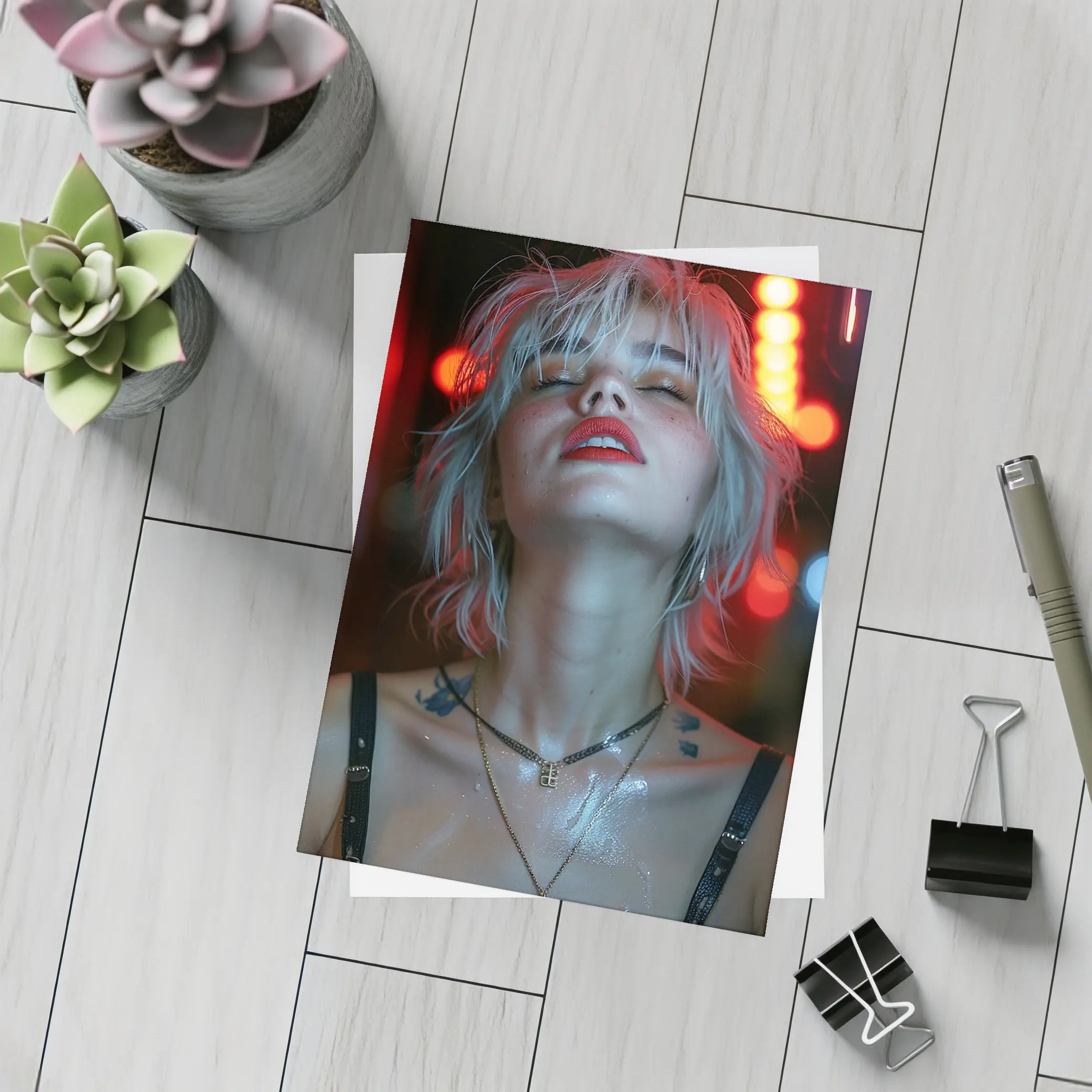 Blonde Woman Red Neon Lights Dark Background – Postcards