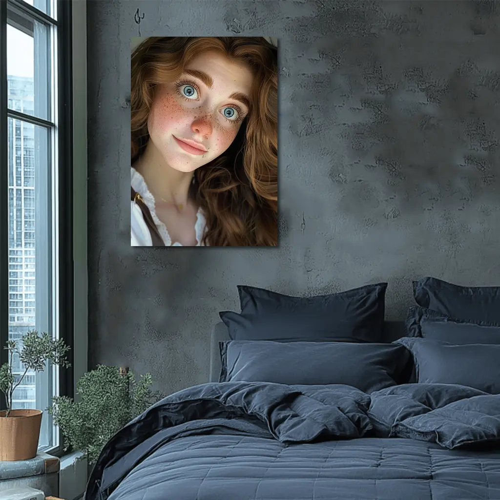 Young Woman Blue Eyes Freckles Portrait – Wall Art