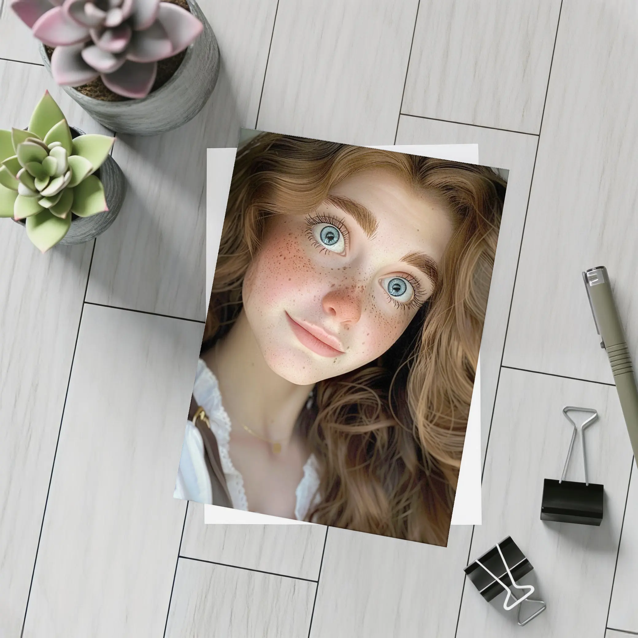 Young Woman Blue Eyes Freckles Portrait – Postcards