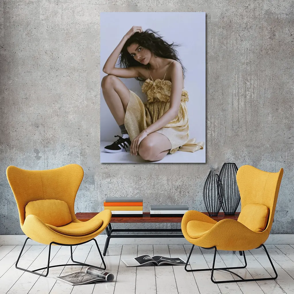 Young Woman Gold Ruffled Dress Gray Background – Wall Art