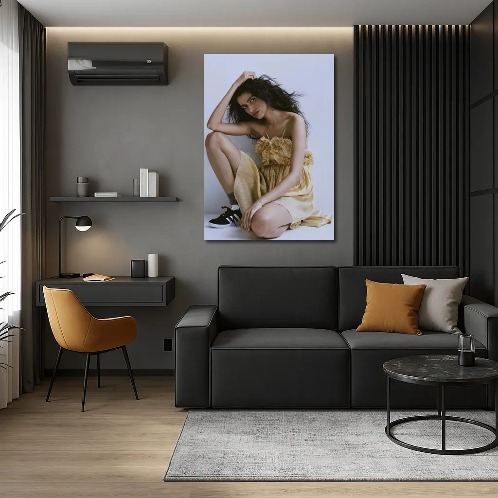 Young Woman Gold Ruffled Dress Gray Background – Wall Art