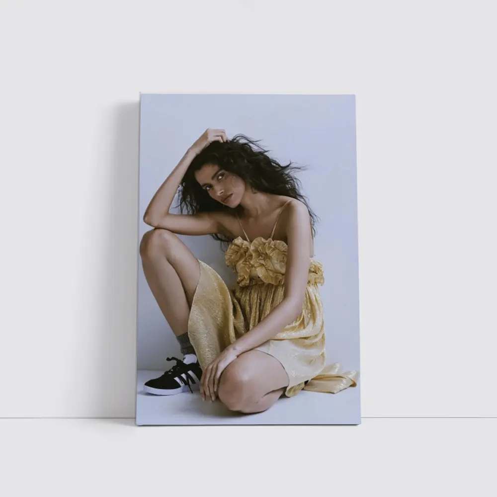 Young Woman Gold Ruffled Dress Gray Background – Wall Art