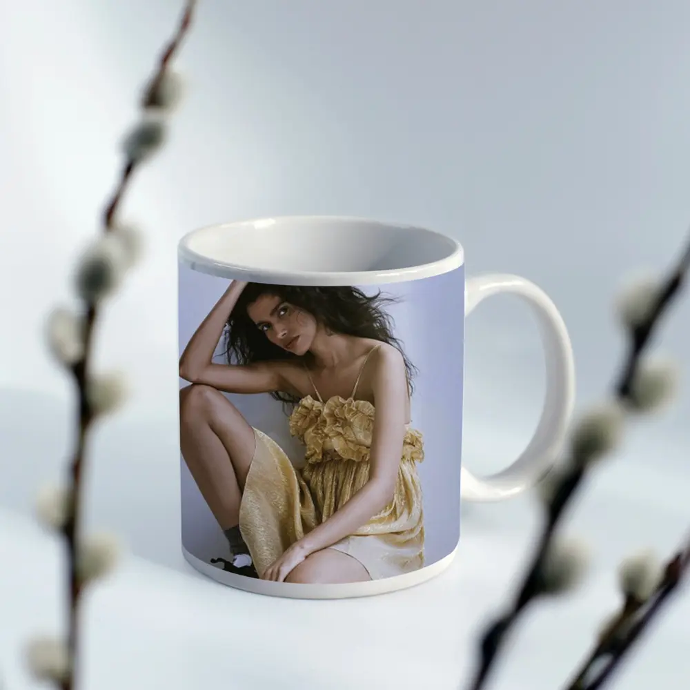 Young Woman Gold Ruffled Dress Gray Background – Mugs