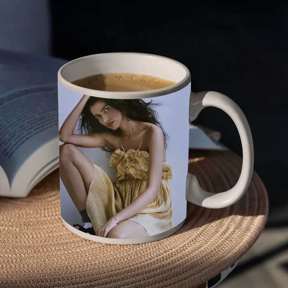 Young Woman Gold Ruffled Dress Gray Background – Mugs