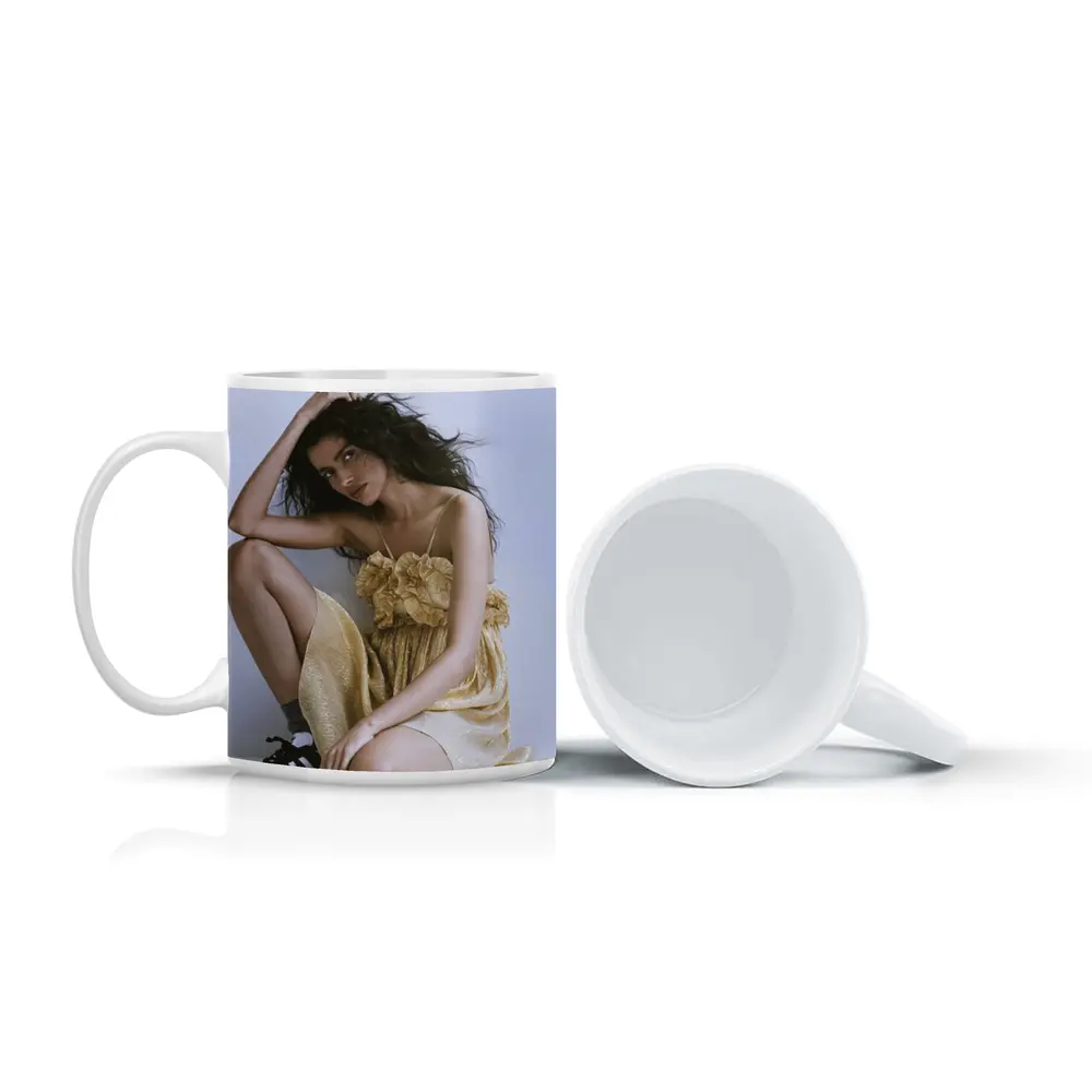Young Woman Gold Ruffled Dress Gray Background – Mugs
