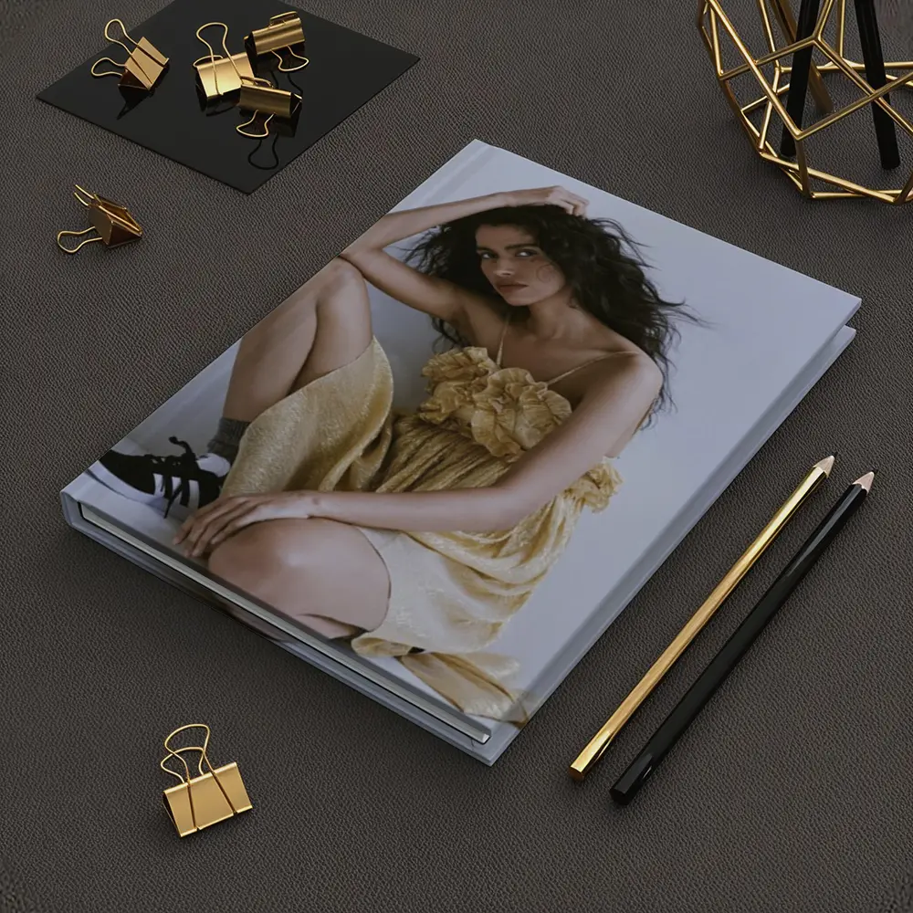 Young Woman Gold Ruffled Dress Gray Background – Notebooks