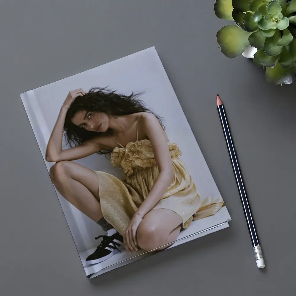 Young Woman Gold Ruffled Dress Gray Background – Notebooks