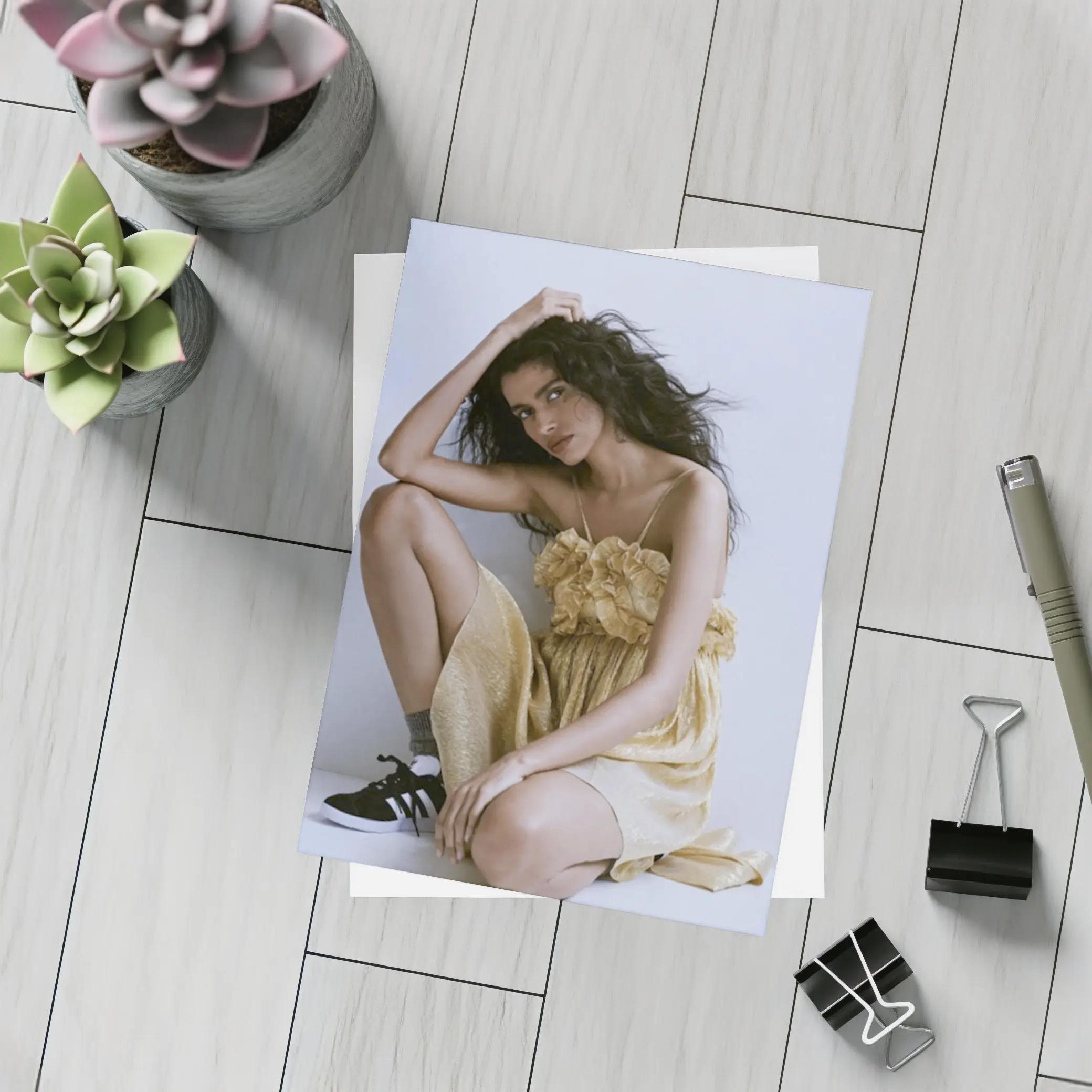Young Woman Gold Ruffled Dress Gray Background – Postcards