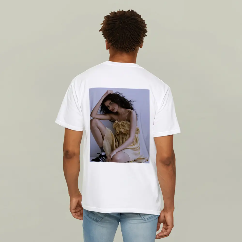 Young Woman Gold Ruffled Dress Gray Background – T-Shirts