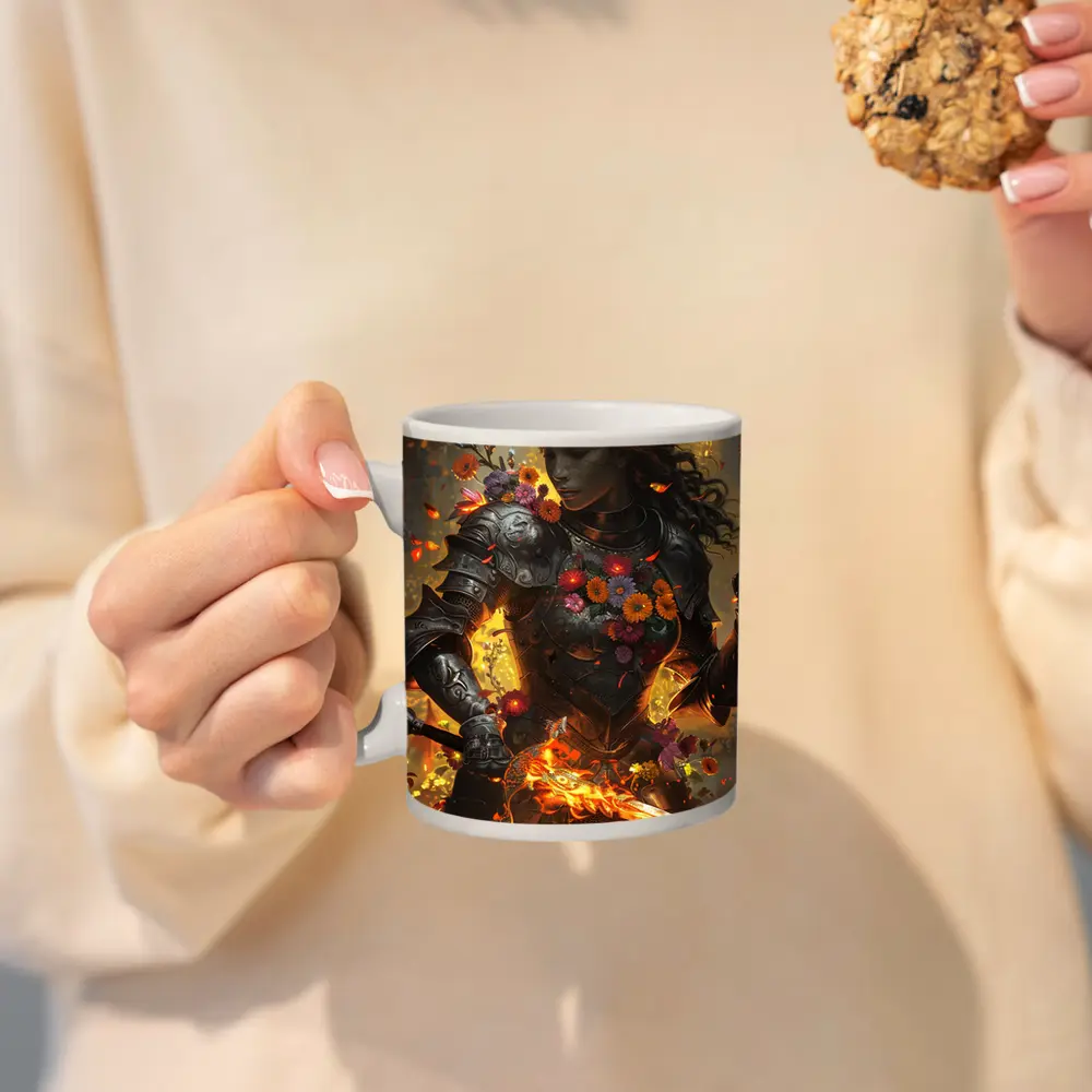 Fantasy Female Warrior Floral Armor Fire Sword – Mugs