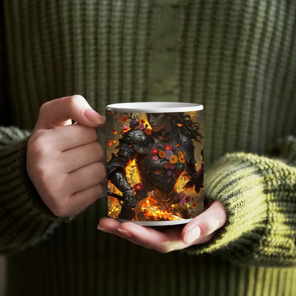 Fantasy Female Warrior Floral Armor Fire Sword – Mugs