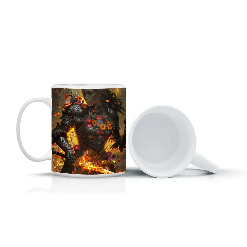 Fantasy Female Warrior Floral Armor Fire Sword – Mugs