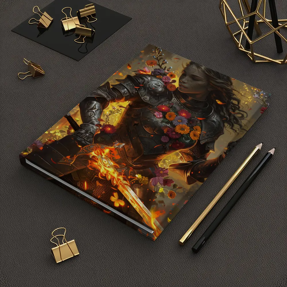 Fantasy Female Warrior Floral Armor Fire Sword – Notebooks