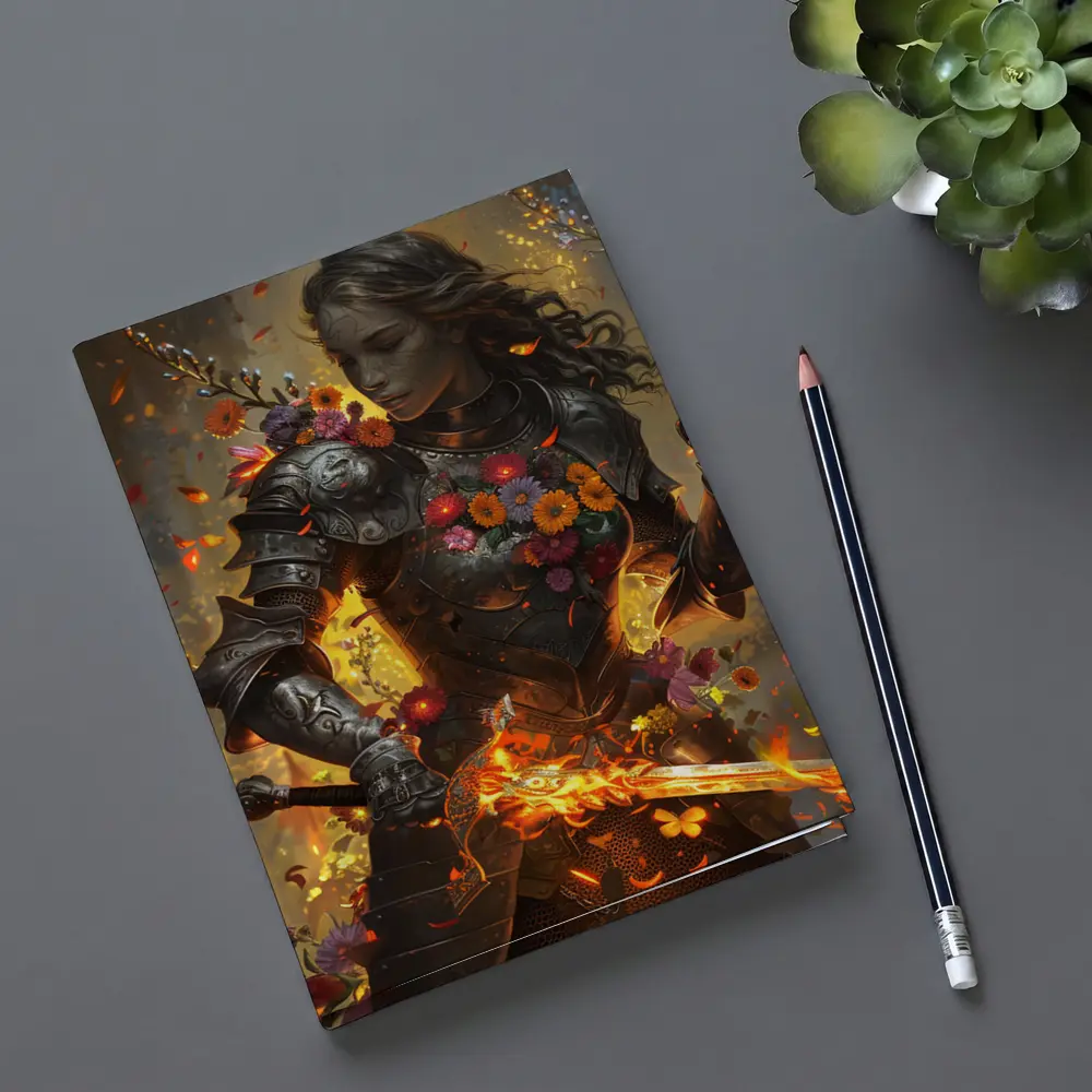 Fantasy Female Warrior Floral Armor Fire Sword – Notebooks