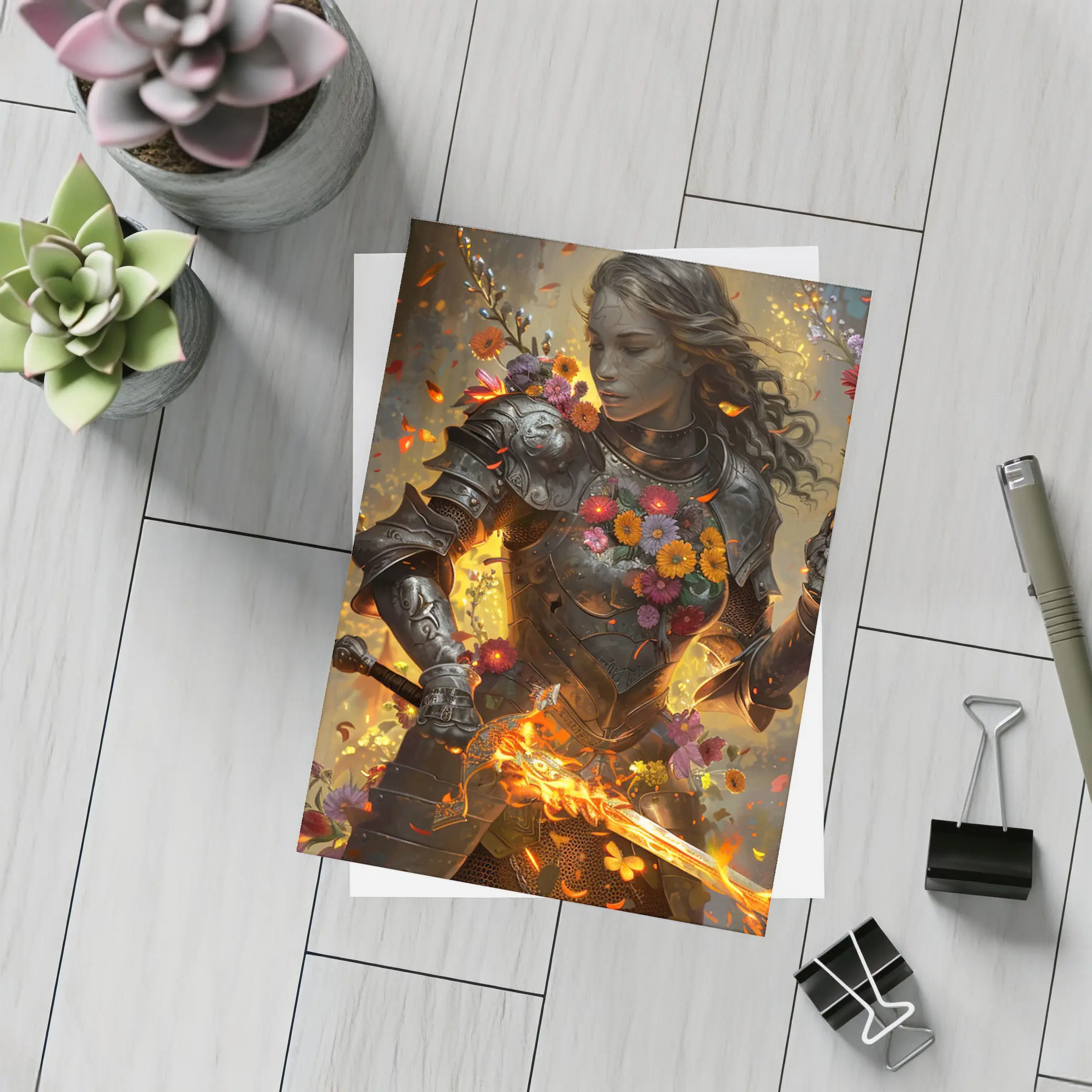 Fantasy Female Warrior Floral Armor Fire Sword – Postcards
