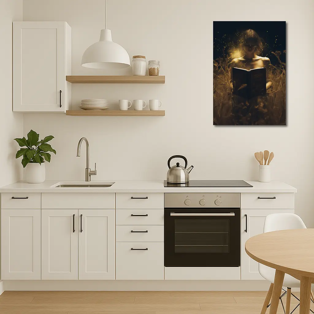Woman Reading Glowing Book in Dark Field – Wall Art