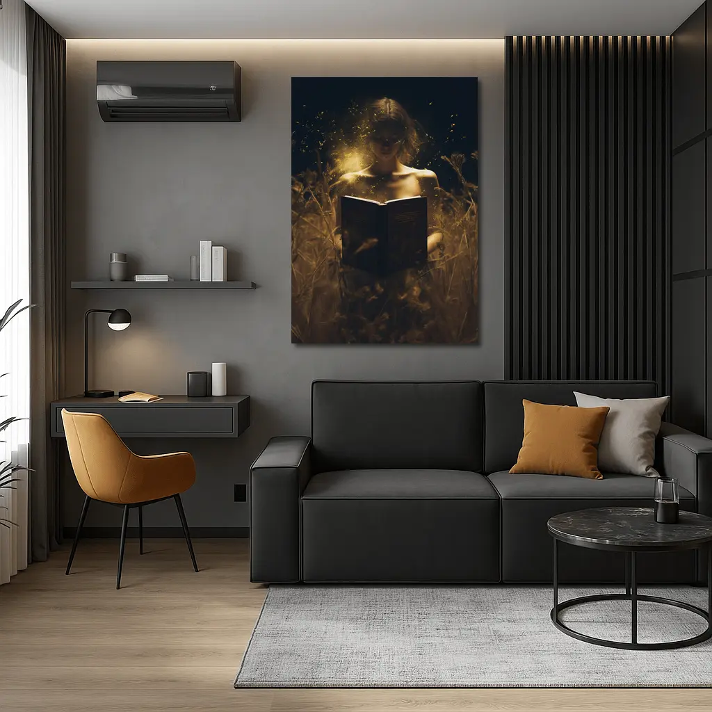 Woman Reading Glowing Book in Dark Field – Wall Art
