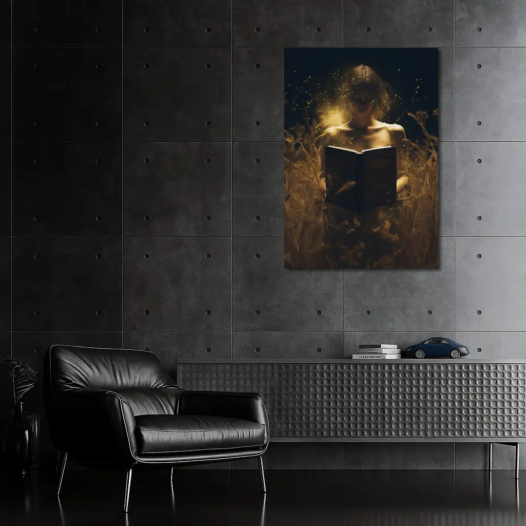 Woman Reading Glowing Book in Dark Field – Wall Art
