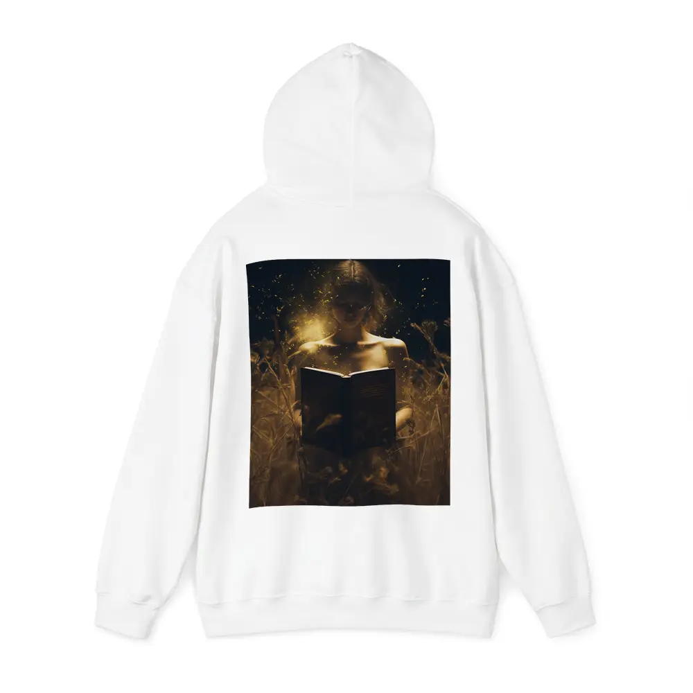 Woman Reading Glowing Book in Dark Field – Hoodies