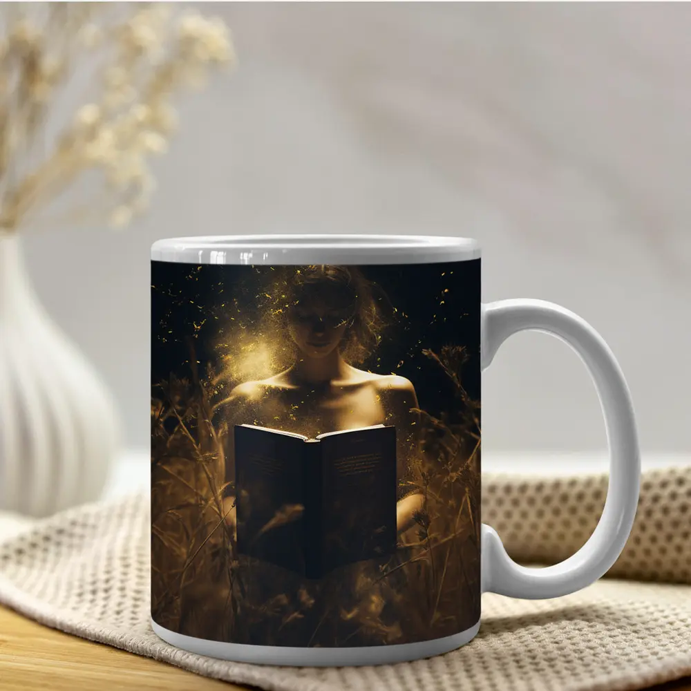 Woman Reading Glowing Book in Dark Field – Mugs