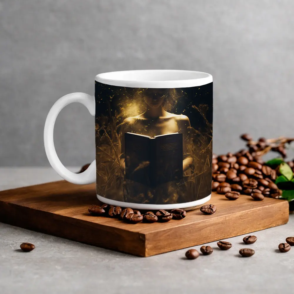 Woman Reading Glowing Book in Dark Field – Mugs