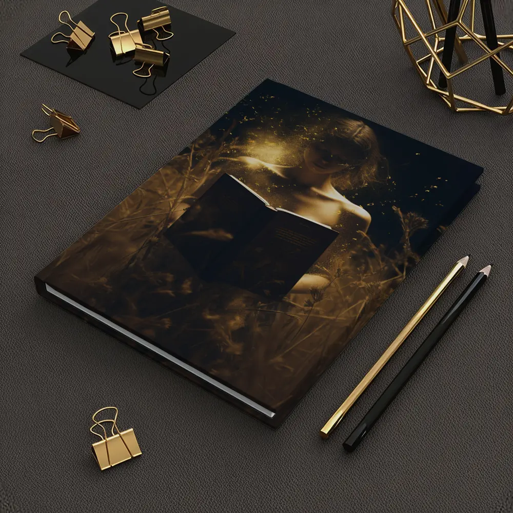 Woman Reading Glowing Book in Dark Field – Notebooks