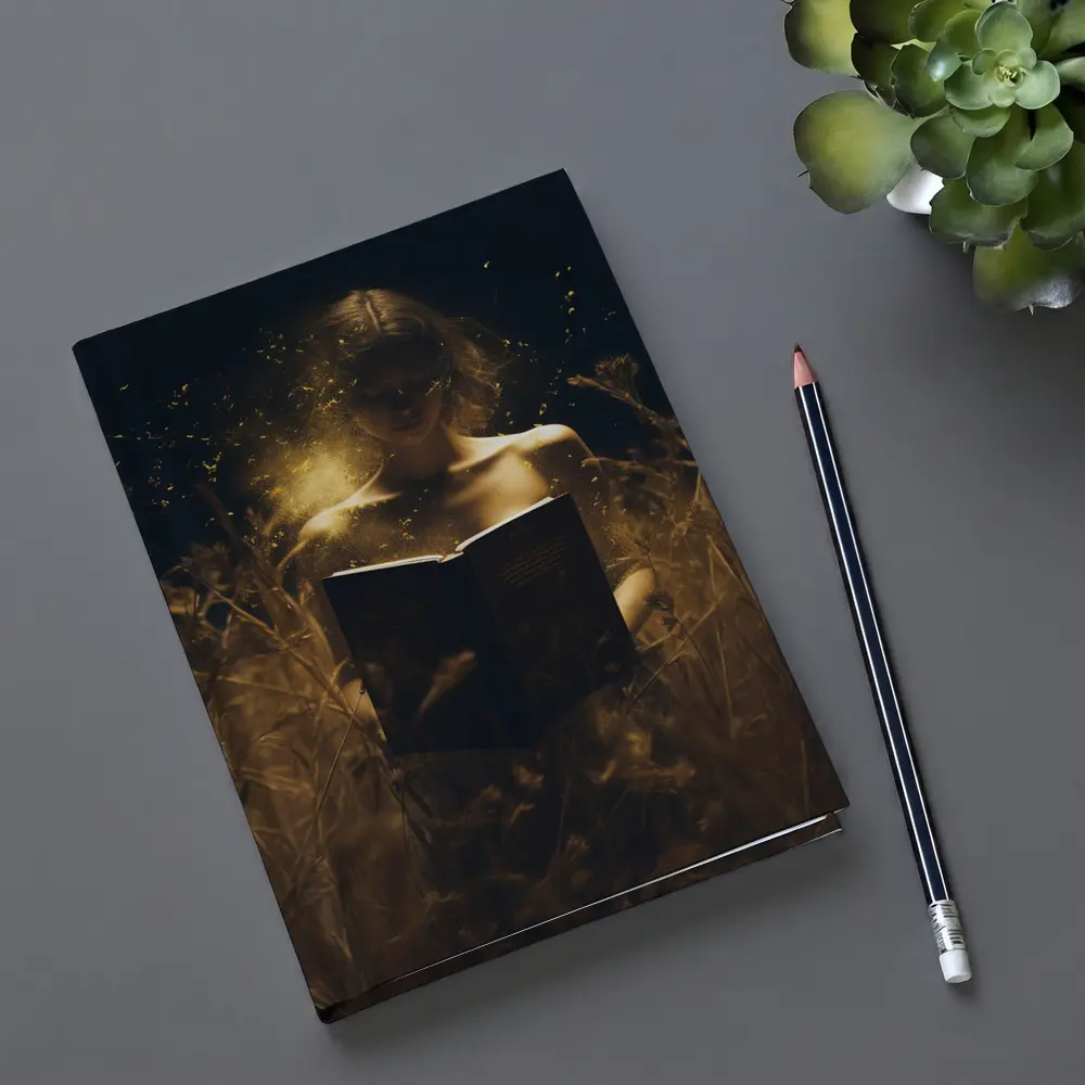 Woman Reading Glowing Book in Dark Field – Notebooks