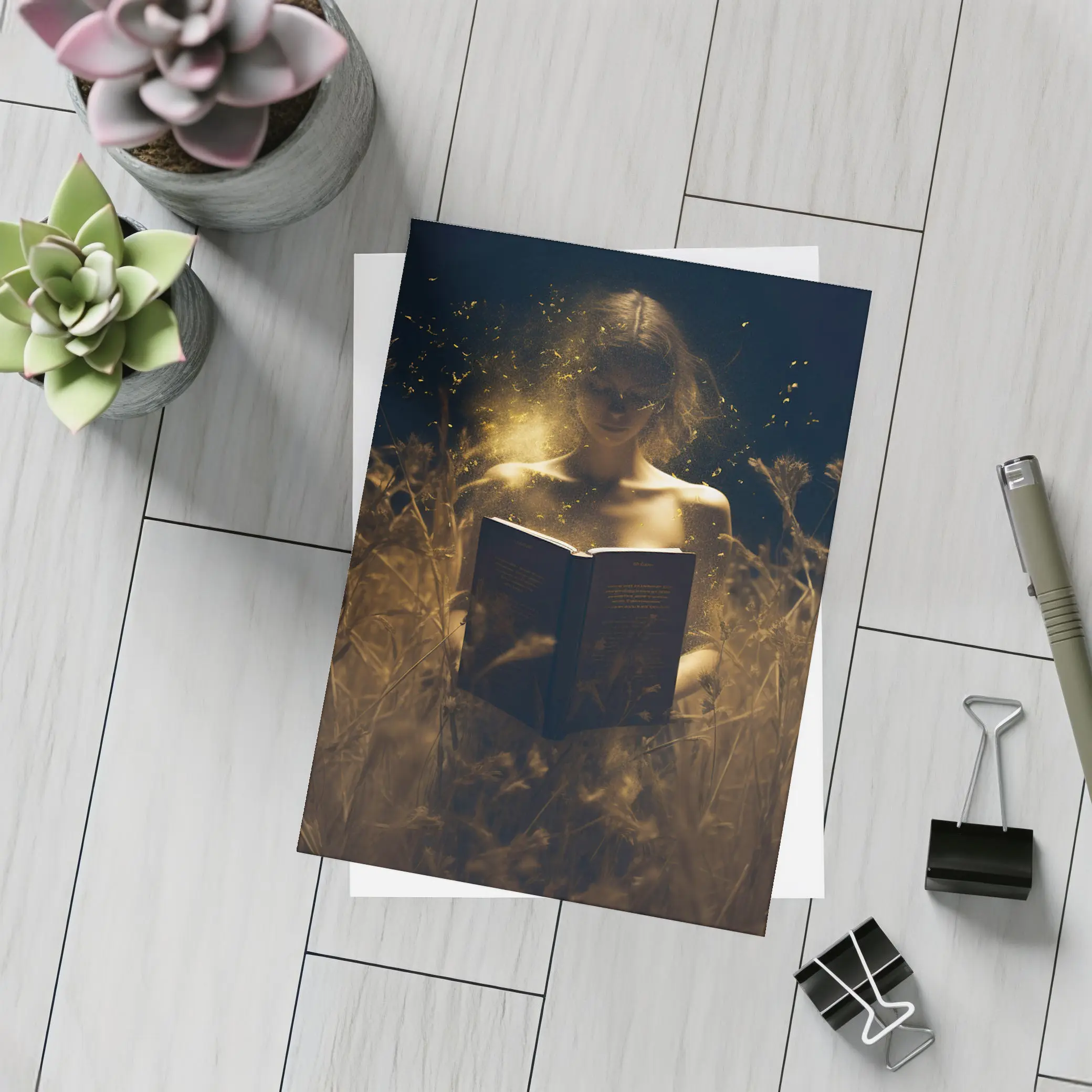 Woman Reading Glowing Book in Dark Field – Postcards