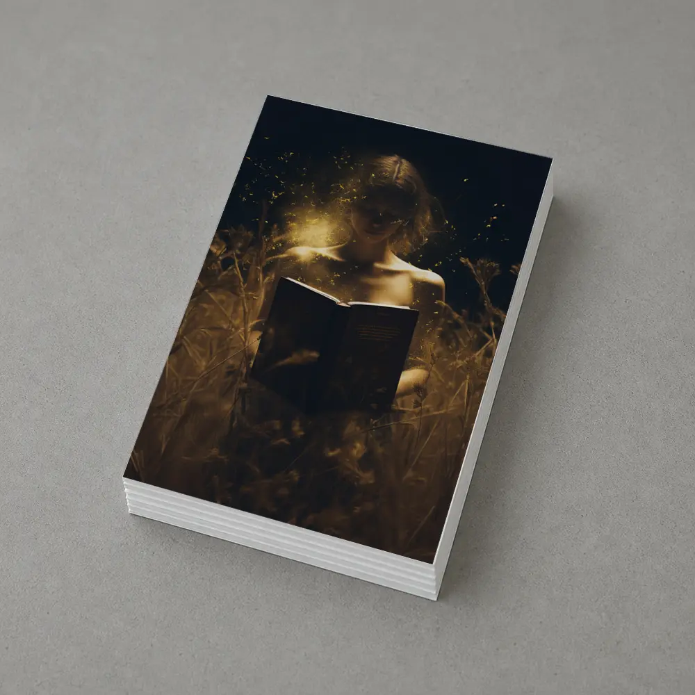 Woman Reading Glowing Book in Dark Field – Postcards