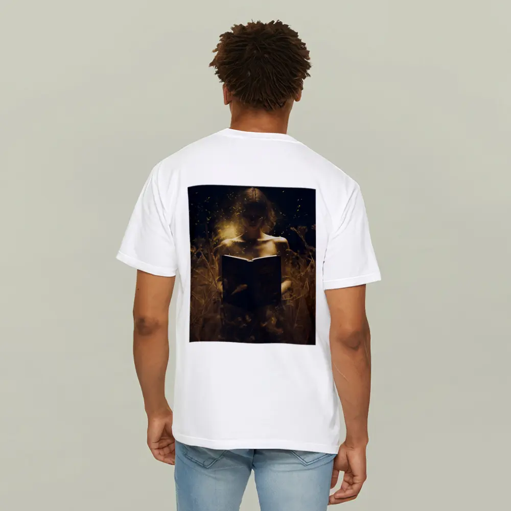 Woman Reading Glowing Book in Dark Field – T-Shirts