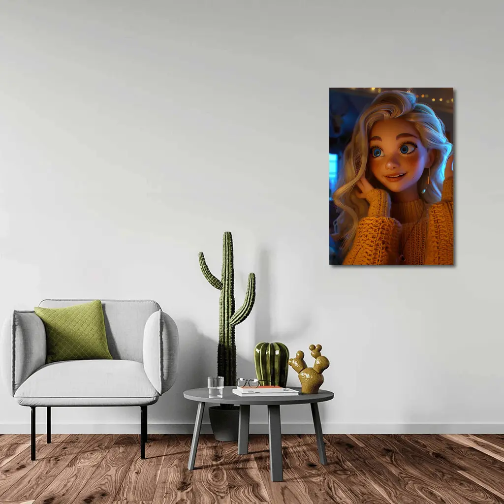 Cartoon Girl Blue Eyes Cozy Sweater Interior – Wall Art