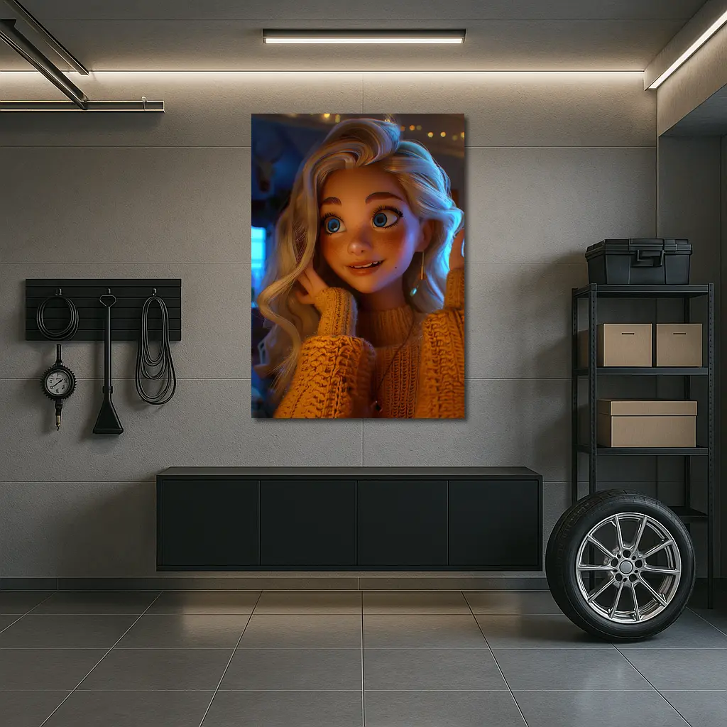 Cartoon Girl Blue Eyes Cozy Sweater Interior – Wall Art