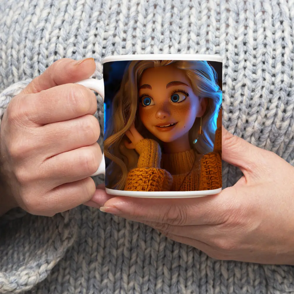 Cartoon Girl Blue Eyes Cozy Sweater Interior – Mugs