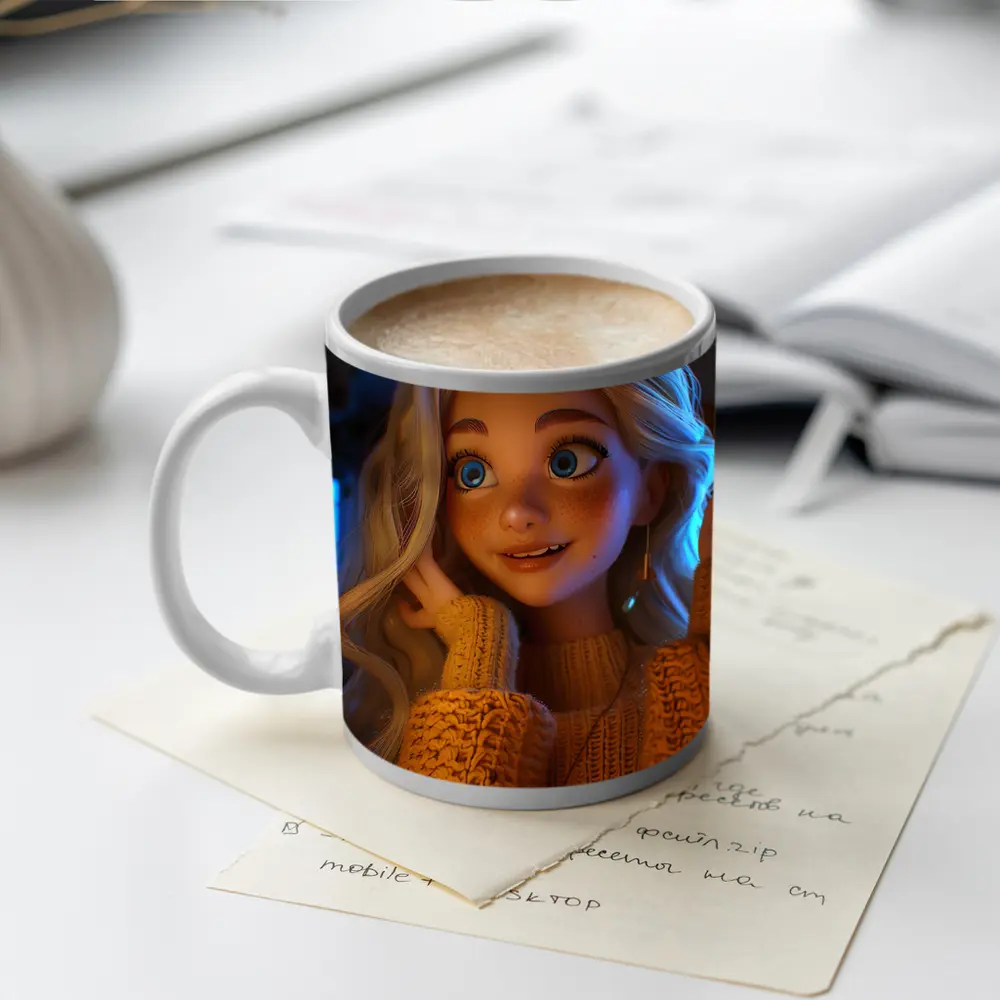 Cartoon Girl Blue Eyes Cozy Sweater Interior – Mugs