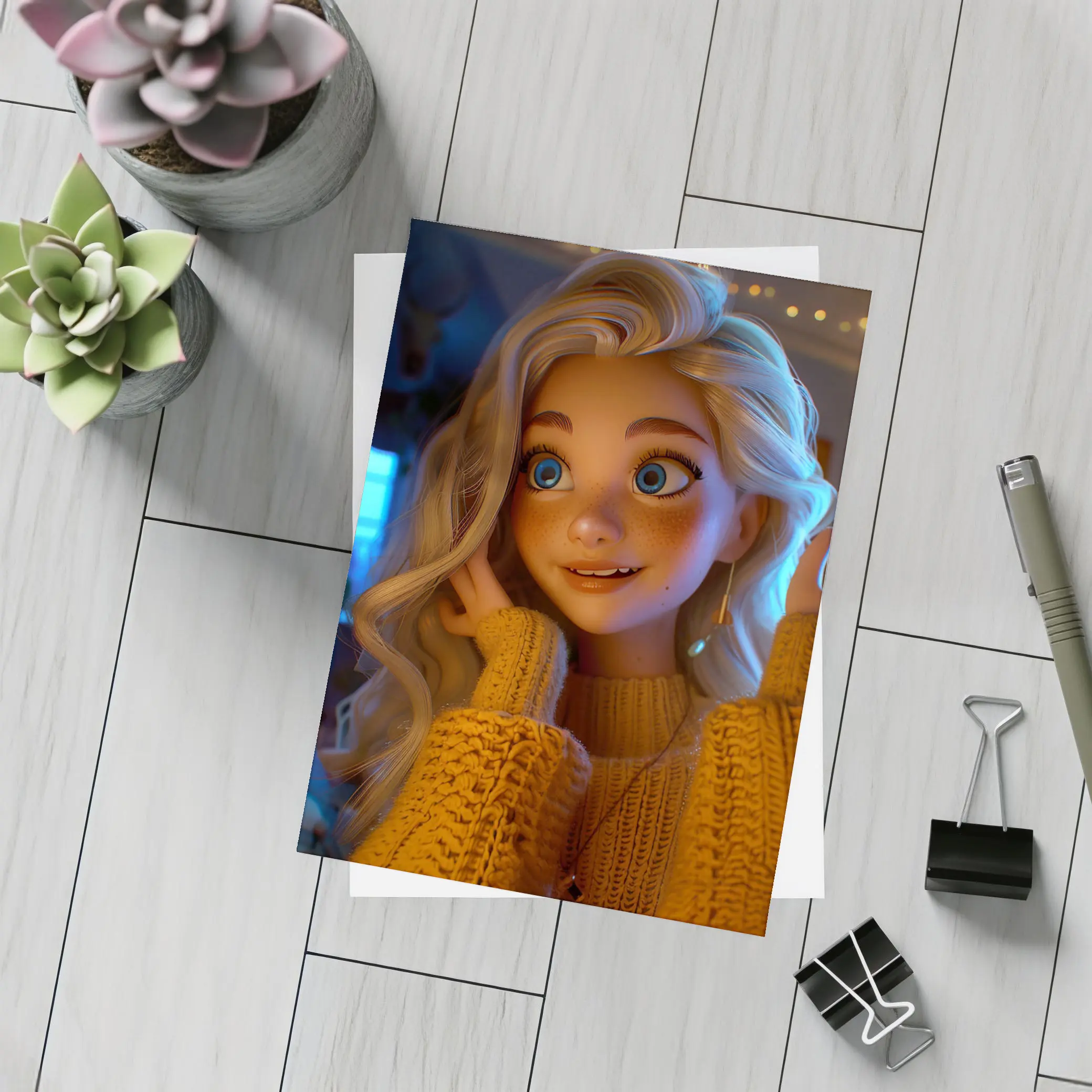 Cartoon Girl Blue Eyes Cozy Sweater Interior – Postcards