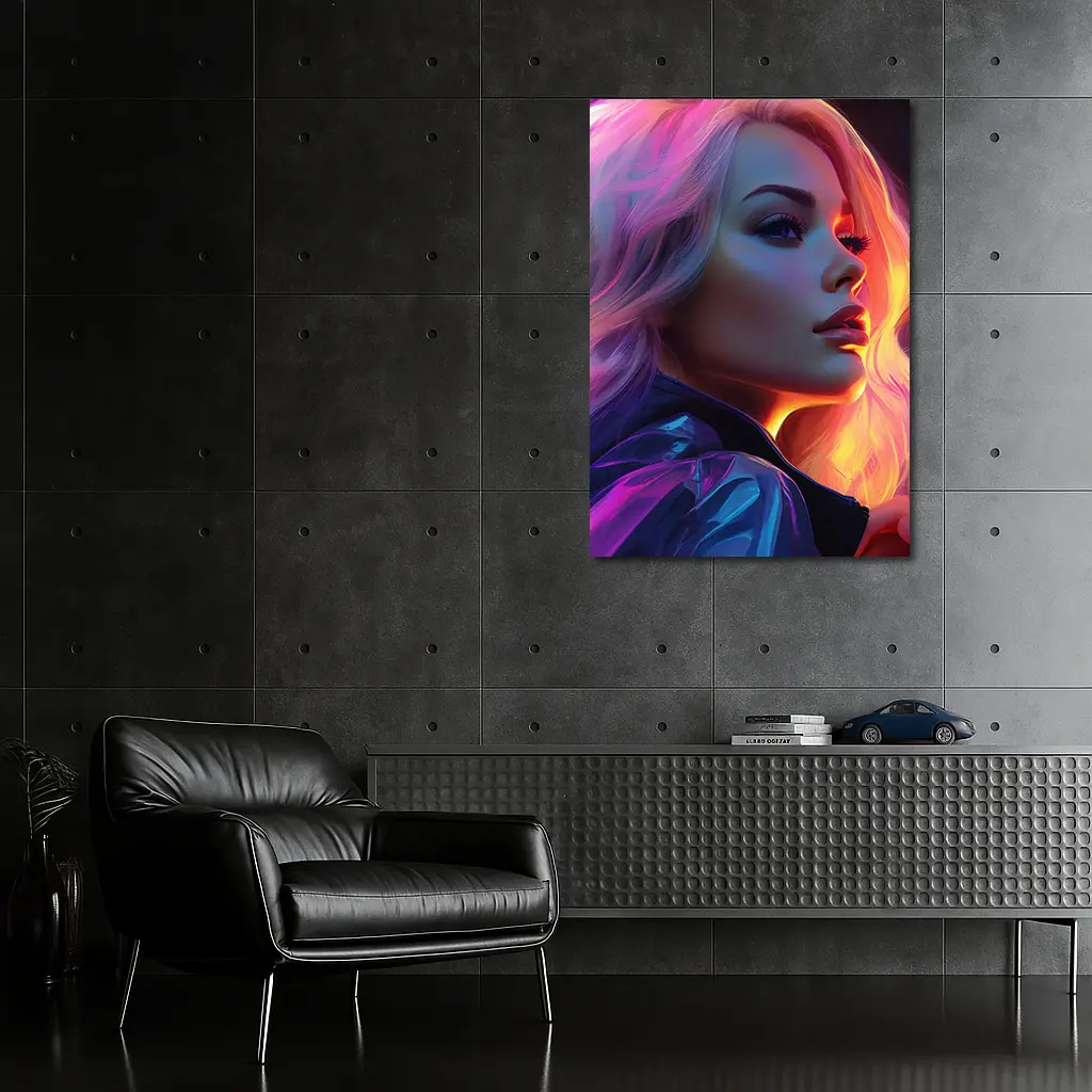Blonde Woman Neon Lights Digital Art Portrait – Wall Art