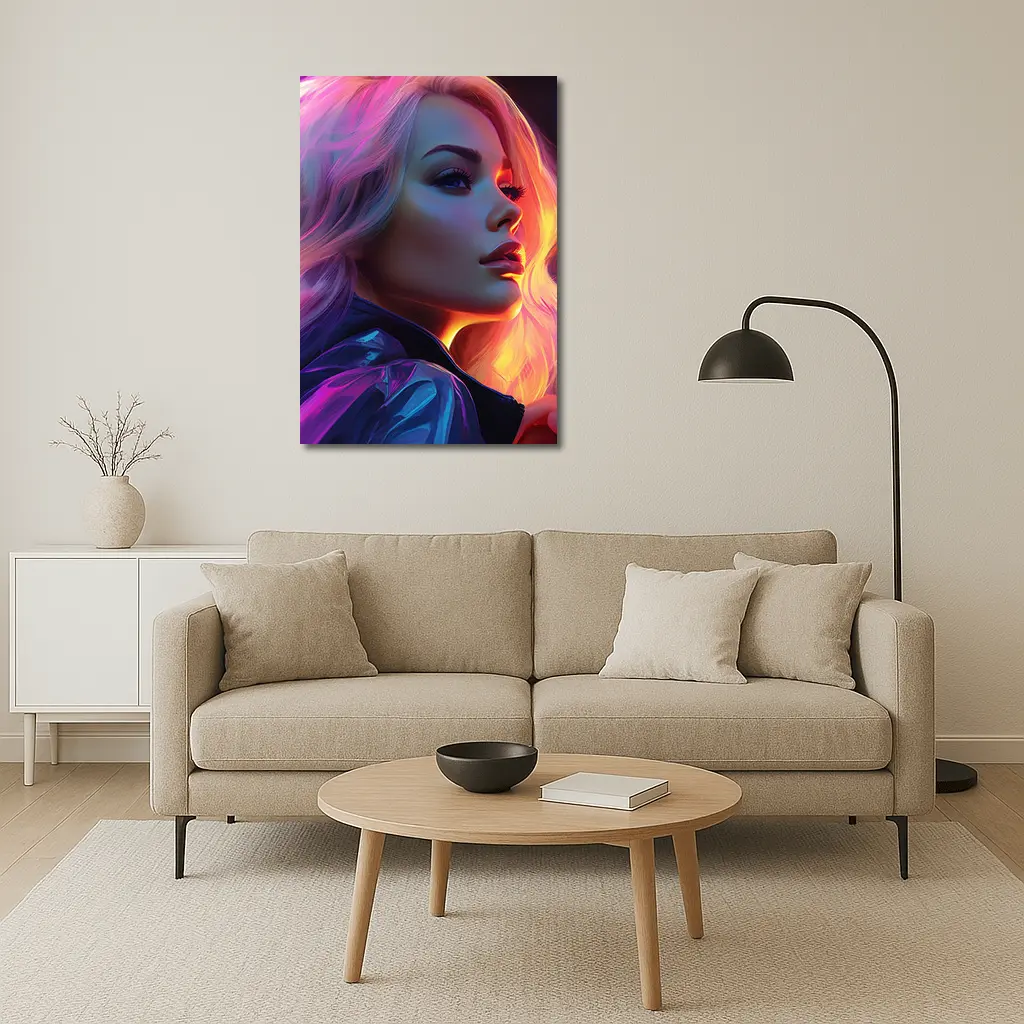 Blonde Woman Neon Lights Digital Art Portrait – Wall Art