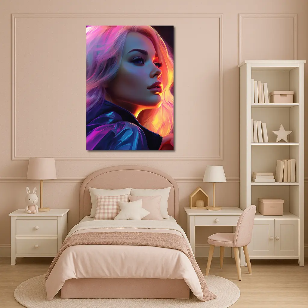 Blonde Woman Neon Lights Digital Art Portrait – Wall Art