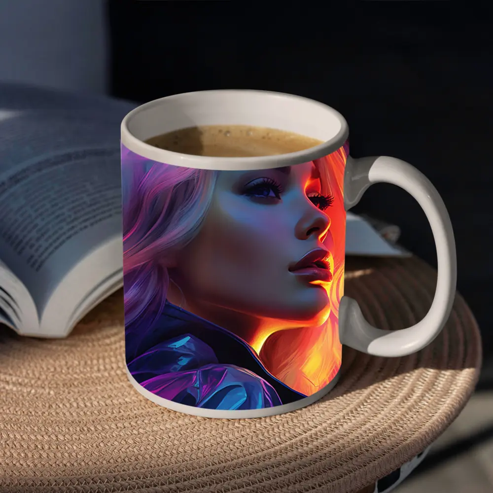 Blonde Woman Neon Lights Digital Art Portrait – Mugs