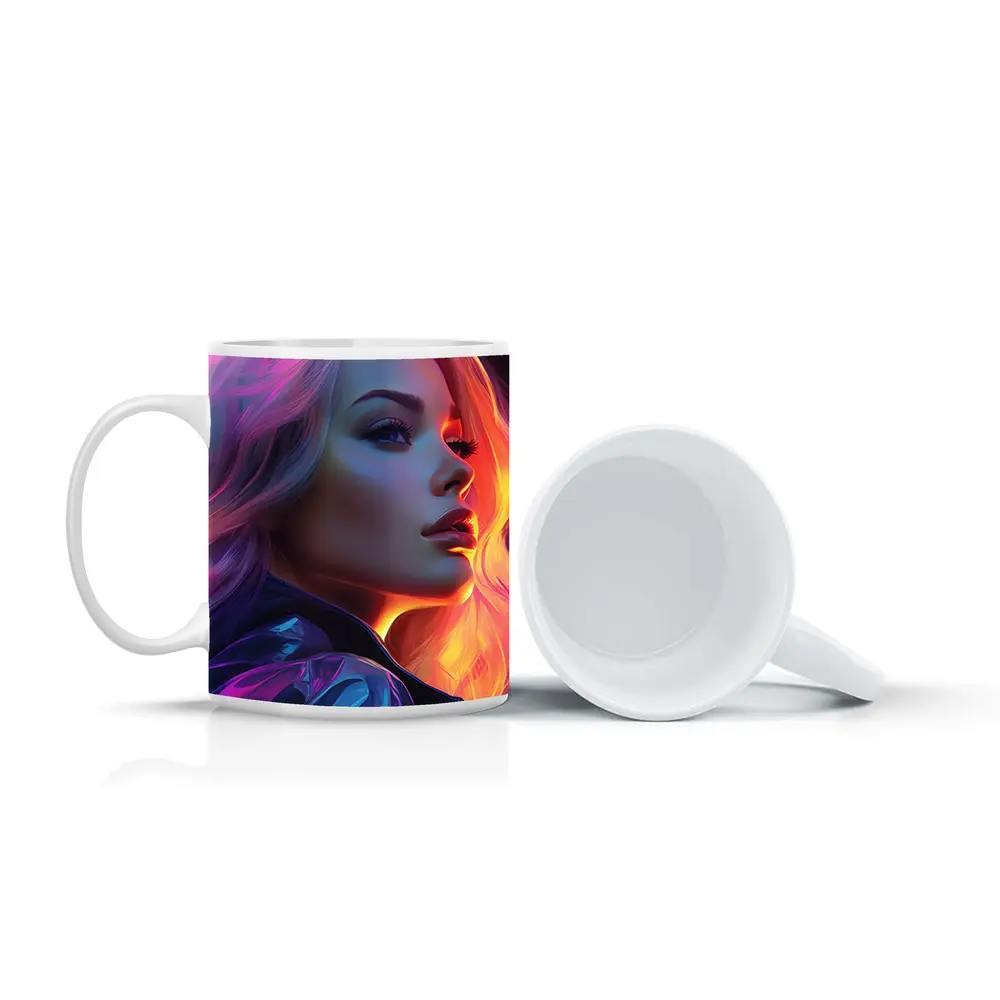 Blonde Woman Neon Lights Digital Art Portrait – Mugs