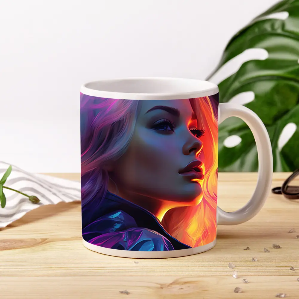 Blonde Woman Neon Lights Digital Art Portrait – Mugs