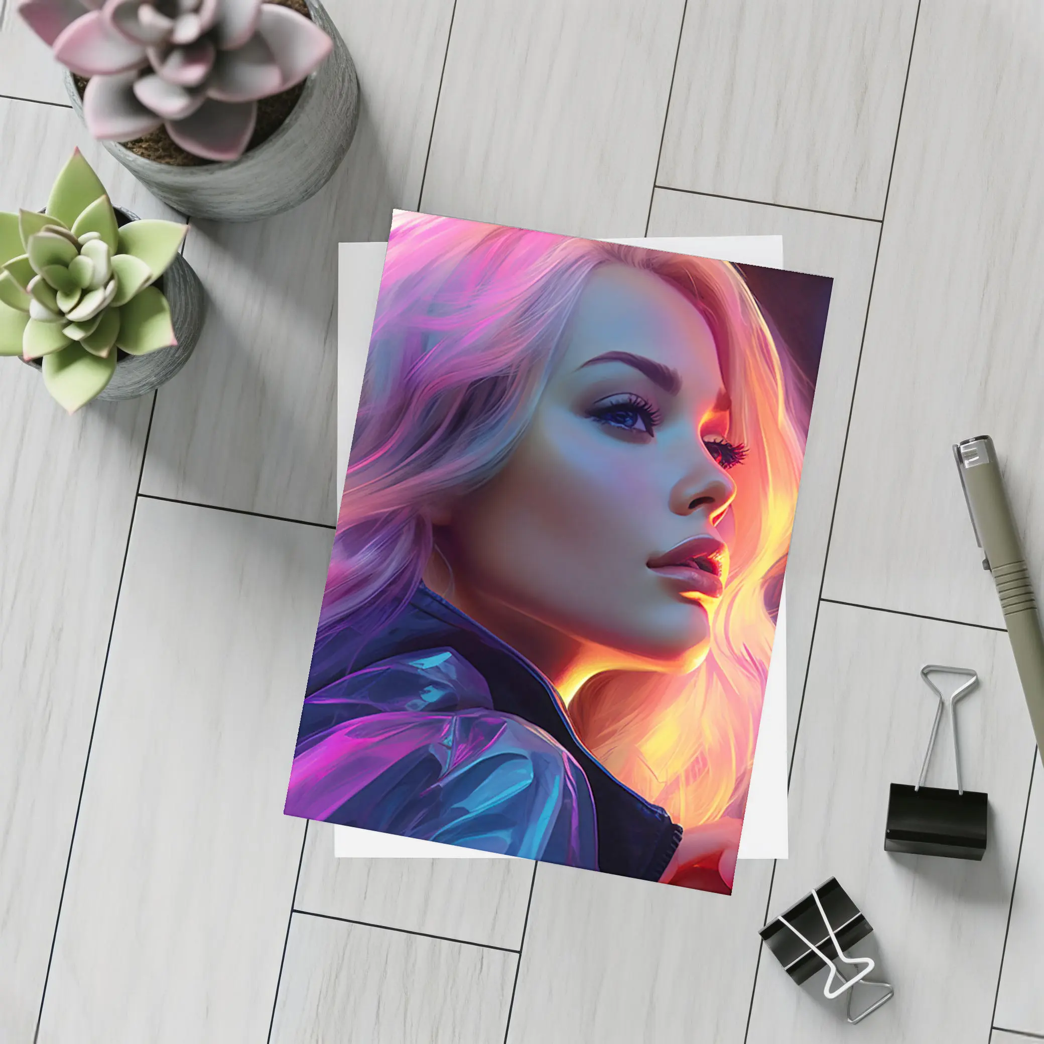 Blonde Woman Neon Lights Digital Art Portrait – Postcards