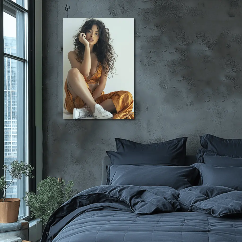 Young Woman Orange Dress White Sneakers – Wall Art