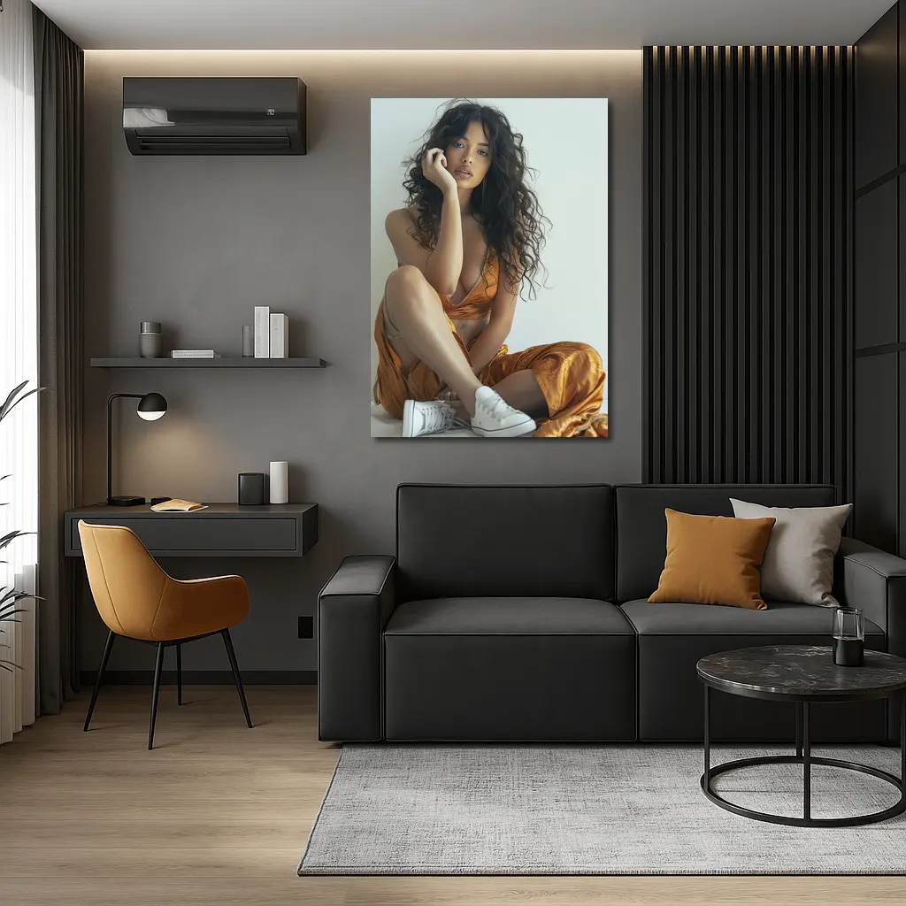 Young Woman Orange Dress White Sneakers – Wall Art