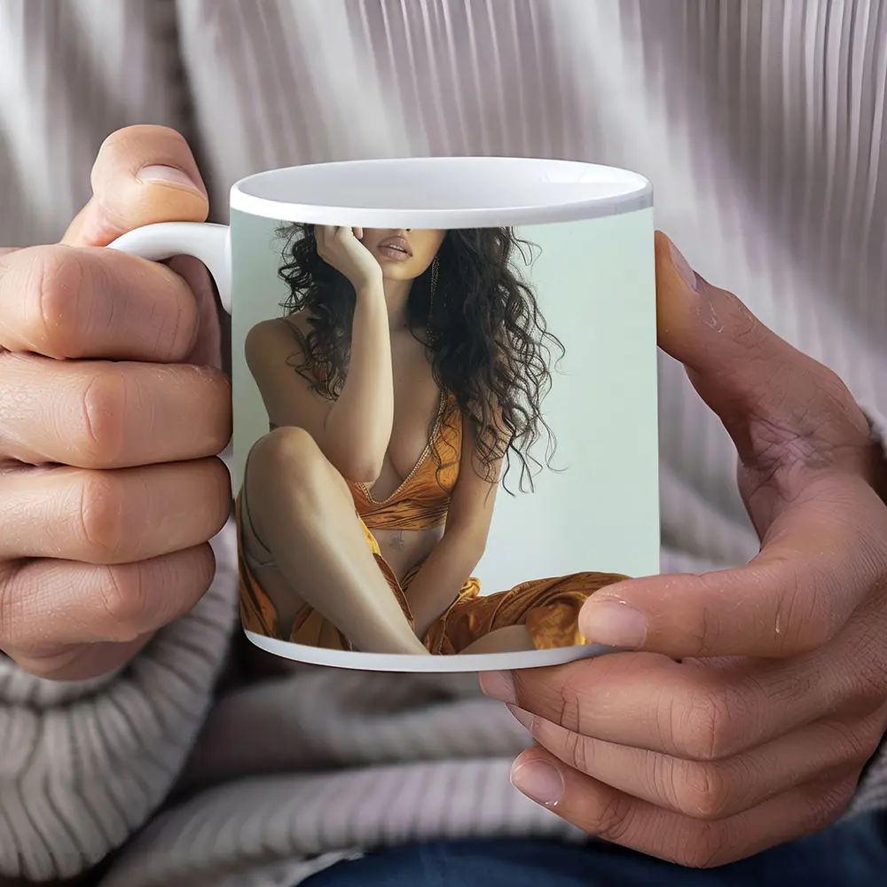 Young Woman Orange Dress White Sneakers – Mugs