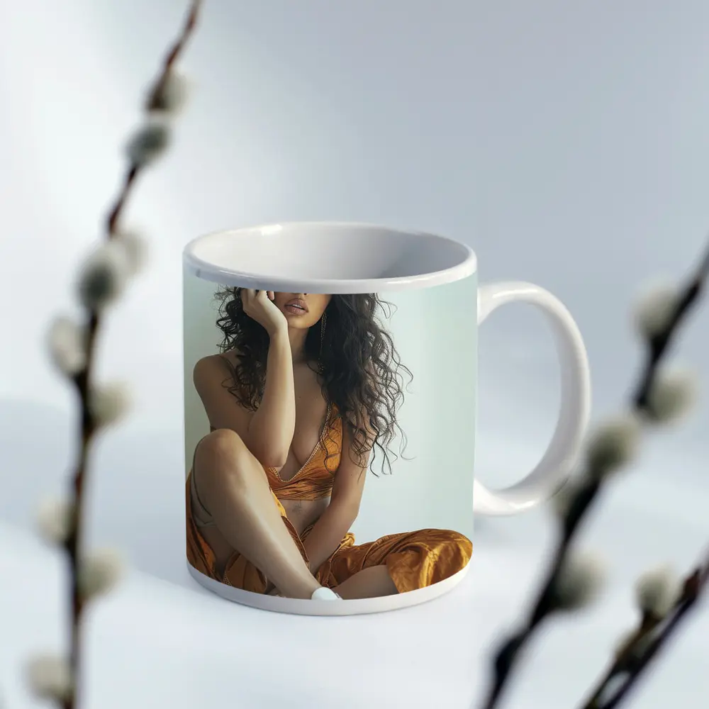 Young Woman Orange Dress White Sneakers – Mugs