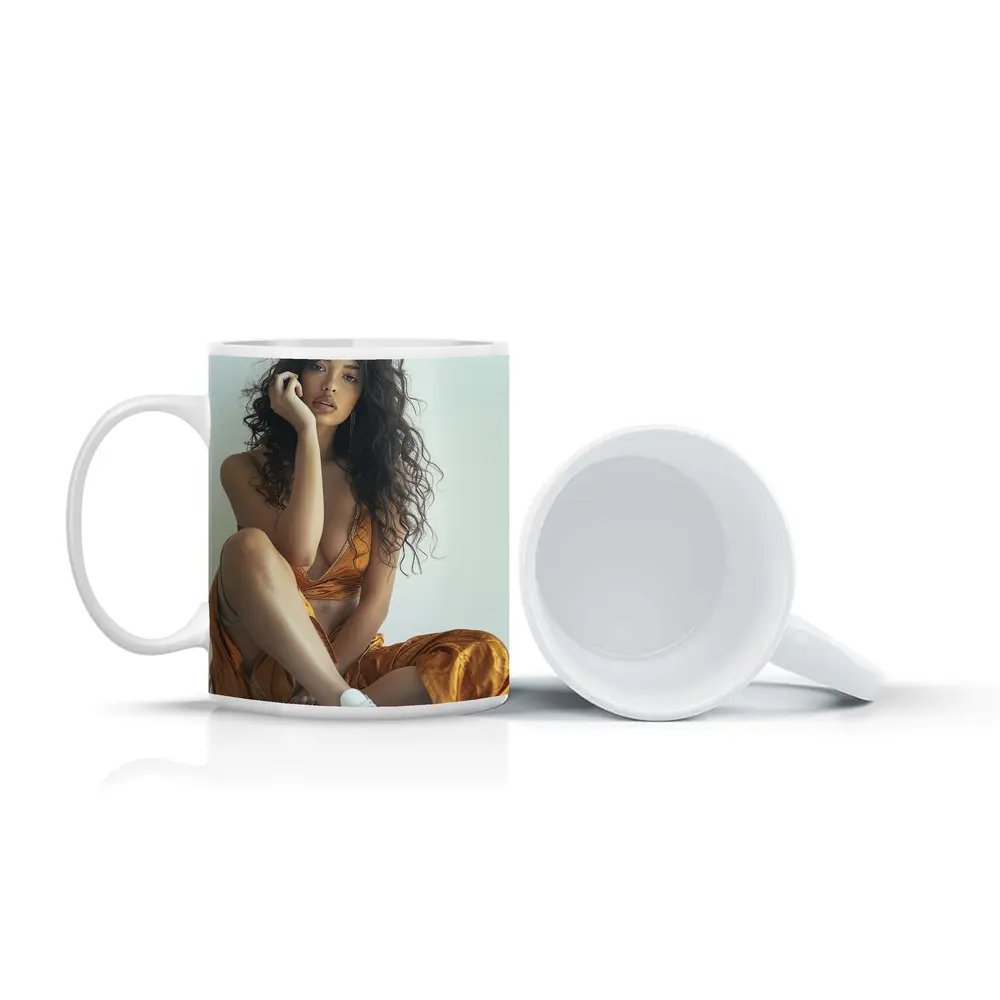 Young Woman Orange Dress White Sneakers – Mugs