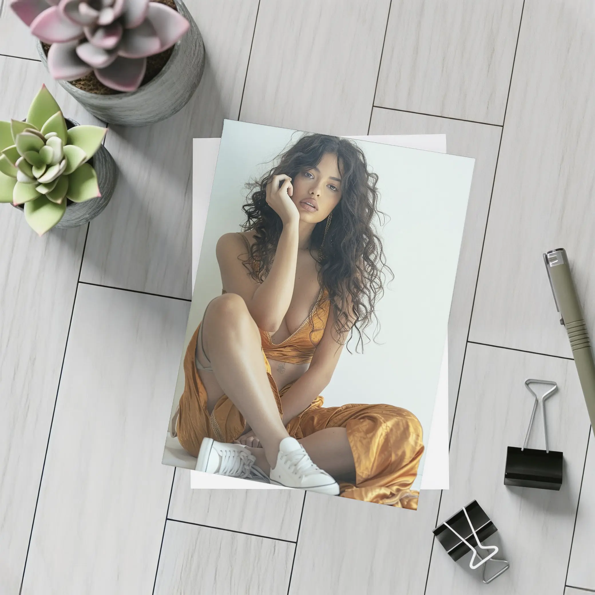 Young Woman Orange Dress White Sneakers – Postcards